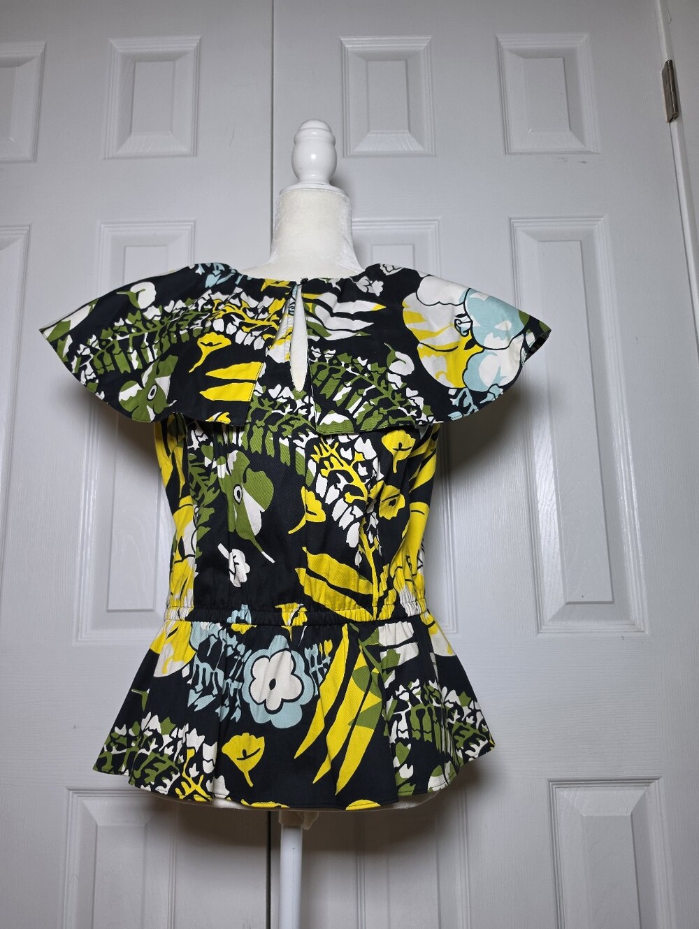 INC International Concepts Black Floral Ruffle Peplum Top with Yellow Accents